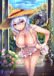Rule 34 | 1girl, bikini, bird, blush, breasts, collarbone, comic kairakuten beast, covered erect nipples, cross, cross necklace, day, dress, field, flower, flower field, grey hair, hair between eyes, hat, highres, hinasaki you, jewelry, large breasts, leaning forward, light smile, long hair, looking at viewer, necklace, original, outdoors, owl, parted lips, pink bikini, rain, red eyes, see-through, skindentation, smile, solo, straw hat, sun hat, sunflower, sunflower field, swimsuit, wet, wet clothes, wet dress