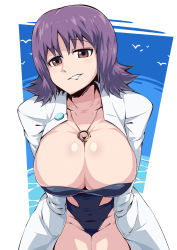 Rule 34 | 1girl, blue one-piece swimsuit, breasts, brown eyes, collarbone, covered navel, cowboy shot, creatures (company), game freak, groin, hands in pockets, highleg, highleg swimsuit, highres, jewelry, lab coat, large breasts, legs together, long sleeves, looking at viewer, necklace, nintendo, one-piece swimsuit, philena ivy, pocket, pokemon, pokemon (anime), purple hair, shimure (460), shiny skin, short hair, smile, solo, strapless, strapless one-piece swimsuit, swimsuit, water