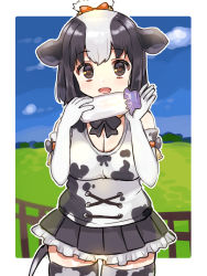 Rule 34 | 1girl, :d, animal ears, animal print, black hair, black skirt, border, bottle, bow, breasts, brown eyes, cleavage, cloud, commentary request, cow ears, cow print, cow tail, cowboy shot, cross-laced clothes, day, elbow gloves, gloves, grass, hair bow, hands up, highres, holding, holding bottle, holstein friesian cattle (kemono friends), kemono friends, large breasts, multicolored hair, open mouth, orange bow, outdoors, outline, outside border, petticoat, pleated skirt, shirt, short hair, silver hair, skirt, smile, solo, suicchonsuisui, tail, thighhighs, two-tone hair, white border, white gloves, white outline, white shirt