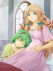 Rule 34 | 2girls, antennae, bed, bed sheet, blonde hair, blue eyes, breasts, closed eyes, closed mouth, flower, green hair, hair flower, hair ornament, hair ribbon, hand on another&#039;s stomach, hand on own thigh, head on another&#039;s stomach, ibushigin, kohaku (rune factory), light particles, long hair, margaret (rune factory), medium breasts, motherly, multiple girls, nightgown, on bed, pillow, pointy ears, pregnant, ribbon, rune factory, rune factory 4, short hair, sitting, smile, twintails, window