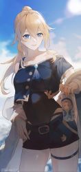 Rule 34 | 1girl, bare shoulders, blonde hair, blouse, blue eyes, blue shirt, blue sky, can, casual, cloud, diona (genshin impact), genshin impact, hair between eyes, hand on own hip, high ponytail, highres, holding, holding can, jean (genshin impact), long hair, shirt, shorts, sky, standing, swkl:d, thighlet, thighs