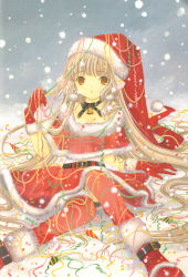 Rule 34 | 00s, :o, artbook, bell, belt, boots, brown eyes, capelet, chii, chobits, choker, christmas, clamp, confetti, fur trim, gloves, hat, highres, holly, long hair, looking at viewer, pom pom (clothes), red footwear, red gloves, red thighhighs, ribbon, robot ears, santa boots, santa costume, santa hat, scan, snow, snowing, solo, thighhighs, very long hair, yellow eyes