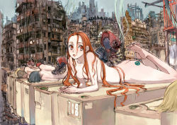 Rule 34 | 5girls, ass, barefoot, breasts, brown eyes, brown hair, cable, city, cityscape, feet, humi, long hair, mecha, multiple girls, nipples, nude, original, red eyes, red hair, robot, ruins, soles, solo focus, toi8, very long hair, wire