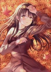 Rule 34 | 1girl, arm up, autumn, autumn leaves, black dress, black hair, brown eyes, commentary, dress, grey sweater, highres, holding, holding leaf, leaf, long hair, long sleeves, looking at viewer, lying, on back, original, parted lips, pechi (peeechika), pinafore dress, sleeveless, sleeveless dress, solo, sweater