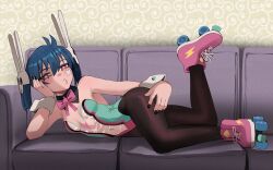 Rule 34 | 1girl, bare shoulders, black collar, black nails, blue hair, blue leotard, blush, bow, brown pantyhose, closed mouth, collar, couch, covered navel, detached collar, full body, hair between eyes, hair ornament, indoors, ji-yoon (jourd4n), jourd4n, leotard, long hair, looking at viewer, lying, nail polish, navel, on couch, on side, original, pantyhose, pink bow, pink footwear, puckered lips, rabbit hair ornament, red eyes, roller skates, see-through, skates, skull hair ornament, solo, strapless, strapless leotard, twintails, wrist cuffs