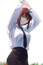 Rule 34 | 1girl, absurdres, arms up, black necktie, black pants, braid, braided ponytail, breasts, chainsaw man, collared shirt, flower, formal, highres, kikaia, lips, long hair, long sleeves, makima (chainsaw man), necktie, office lady, pants, red hair, ringed eyes, shirt, sidelocks, simple background, solo, white shirt, yellow eyes