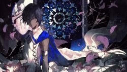 Rule 34 | 1boy, absurdres, arjuna (fate), armlet, black eyes, black hair, blue cape, bracelet, cape, dark-skinned male, dark skin, fate/extella, fate/extella link, fate/extra, fate/grand order, fate (series), flower, hair between eyes, highres, jewelry, light particles, looking at viewer, male focus, petals, pink flower, short hair, signature, solo, sqloveraven, white cape