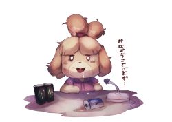 Rule 34 | 1girl, absurdres, animal crossing, bags under eyes, bell, blonde hair, blush stickers, buck teeth, can, dog girl, drink, drink can, drooling, energy drink, exhausted, female focus, flat chest, furry, furry female, hair bell, hair ornament, hair tie, highres, isabelle (animal crossing), japanese text, jingle bell, messy hair, microphone, monster energy, nintendo, open mouth, pink shirt, red bull, saliva, shiburingaru, shirt, short hair, short sleeves, simple background, sketch, sleepy, smile, soda can, solo, speech bubble, talking, teeth, topknot, translation request, upper body, white background, white eyes