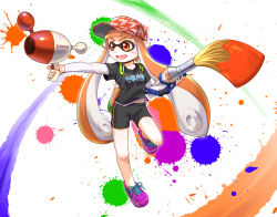 Rule 34 | 1girl, baseball cap, bike shorts, blush, camouflage, container, dual wielding, gun, hat, holding, ink tank (splatoon), inkbrush (splatoon), inkling, inkling girl, inkling player character, layered clothes, layered sleeves, leg up, long hair, long sleeves, nintendo, open mouth, oversized object, paint splatter, paintbrush, pointy ears, shirt, shoes, short over long sleeves, short sleeves, smile, sneakers, solo, splatoon (series), splatoon 1, standing, t-shirt, tentacle hair, weapon, yagi gojou