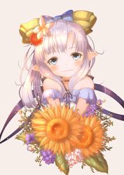 Rule 34 | 1girl, bare shoulders, blue bow, blue eyes, blush, bouquet, bow, brown background, closed mouth, collarbone, commentary request, cropped torso, demimushi, dress, flower, granblue fantasy, hair bow, hair flower, hair ornament, harvin, head tilt, highres, holding, holding bouquet, lilele (granblue fantasy), long hair, looking at viewer, off-shoulder dress, off shoulder, orange flower, pointy ears, purple flower, purple hair, red flower, simple background, smile, solo, white dress, white flower