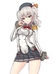 Rule 34 | 10s, 1girl, blush, breasts, epaulettes, female focus, gluteal fold, grey eyes, kantai collection, kashima (kancolle), large breasts, long hair, looking at viewer, military, military uniform, miniskirt, ririko (zhuoyandesailaer), silver hair, simple background, skirt, skirt tug, smile, solo, twintails, uniform, wavy hair, white background