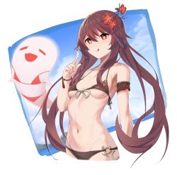 Rule 34 | 1girl, :p, bare shoulders, bead bracelet, beads, bikini, black bikini, blue sky, bow, bowtie, bracelet, breasts, brown hair, cloud, commentary request, cropped legs, day, fang, flower, genshin impact, ghost, groin, hair flower, hair ornament, halterneck, highres, hu tao (genshin impact), index finger raised, jewelry, mung (larnec), navel, open mouth, outside border, plum blossoms, red eyes, revision, sky, small breasts, smile, solo focus, star-shaped pupils, star (symbol), stomach, string bikini, swimsuit, symbol-shaped pupils, tongue, tongue out, twintails, underboob