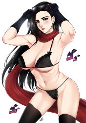 Rule 34 | 1girl, armpits, arms up, battle tendency, black bra, black gloves, black hair, black panties, black thighhighs, blue eyes, blush, bra, breasts, cleavage, earrings, eyewear on head, female focus, gloves, hair behind ear, highres, hoop earrings, jewelry, jojo no kimyou na bouken, lace, lace bra, lace panties, large breasts, light smile, lingerie, lipstick, lisa lisa, long hair, looking at viewer, makeup, mature female, menacing (jojo), mature female, narrow waist, navel, panties, parted lips, red lips, red scarf, scarf, skindentation, solo, sound effects, standing, sunglasses, sunglasses on head, thighhighs, underboob, underwear, underwear only, white background, xter