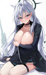 1girl absurdres ahoge animal_ear_fluff animal_ears black_choker black_dress black_footwear blue_archive blue_eyes breasts choker cleavage commentary_request covering_privates covering_breasts dress grey_hair hair_between_eyes halo highres large_breasts long_hair long_sleeves looking_at_viewer shiroko_(blue_archive) shoes sijinni solo thighhighs white_hair white_thighhighs wide_sleeves