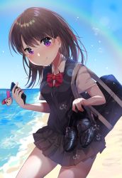 Rule 34 | 1girl, absurdres, bad id, bad pixiv id, bag, beach, black skirt, black vest, blue sky, blush, bow, bowtie, brown hair, cellphone, character doll, charm (object), closed mouth, collared shirt, cowboy shot, day, highres, holding, holding phone, holding shoes, light particles, loafers, looking at viewer, medium hair, mole, mole under mouth, my melody, ocean, onegai my melody, original, outdoors, phone, pleated skirt, purple eyes, sanrio, school bag, school uniform, shadow, shirt, shoes, short sleeves, skirt, sky, smartphone, smile, solo, standing, summer, urim (paintur), vest, water drop, waves, white shirt