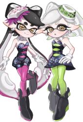 Rule 34 | 2girls, :o, absurdres, arms at sides, bare shoulders, black dress, black footwear, black hair, black jumpsuit, boots, bow-shaped hair, callie (splatoon), closed mouth, collar, cousins, detached collar, dress, earrings, full body, glint, gloves, gradient hair, green hair, green pantyhose, grey hair, hand on own hip, highres, hoop earrings, inkling, jewelry, jumpsuit, lemo (lemo 4), long hair, lower teeth only, marie (splatoon), mole, mole under eye, multicolored hair, multiple girls, nintendo, open mouth, orange pupils, pantyhose, pink hair, pink pantyhose, pointy ears, short hair, short jumpsuit, sleeveless jumpsuit, smile, splatoon (series), splatoon 1, standing, standing on one leg, star-shaped pupils, star (symbol), strapless, strapless dress, suction cups, swept bangs, symbol-shaped pupils, teeth, tentacle hair, thick eyebrows, twintails, two-tone hair, very long hair, white background, white collar, white gloves, yellow eyes
