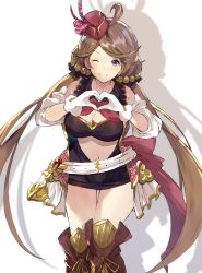 Rule 34 | 10s, 1girl, bad id, bad pixiv id, belt, blush, boots, breasts, brown hair, cleavage, detached sleeves, gloves, granblue fantasy, harie (granblue fantasy), hat, heart, highres, large breasts, long hair, looking at viewer, navel, one eye closed, purple eyes, red hat, skirt, smile, solo, thighs, twintails, ultone (neisiss), very long hair