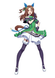 Rule 34 | 1girl, animal ears, black gloves, brown hair, dress, ear covers, full body, garter straps, gloves, green dress, hand on own hip, horse ears, horse girl, horse tail, king halo (umamusume), layered dress, looking at viewer, medium hair, ojou-sama pose, open mouth, simple background, smile, solo, tail, tenkey2022, umamusume, white background, white footwear