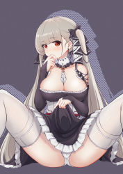 Rule 34 | 1girl, absurdres, areola slip, azur lane, bare shoulders, between breasts, black ribbon, black sleeves, breasts, cleavage, clothes lift, detached sleeves, dress, dress lift, earrings, formidable (azur lane), frilled dress, frills, grey hair, hair ribbon, highres, jewelry, large breasts, long hair, looking at viewer, panties, pantyshot, red eyes, ribbon, sitting, solo, spread legs, thighhighs, twintails, underwear, very long hair, white panties, white thighhighs, yu chang (42680610)