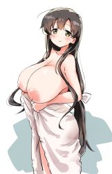 Rule 34 | 1girl, bangs, black hair, blush, bow, breasts, brown eyes, closed mouth, gigantic breasts, highres, holding, holding towel, huge breasts, iwato kasumi, large breasts, long hair, looking at viewer, low ponytail, momoiro tunozemi, saki, simple background, smile, solo, towel, very long hair, white background, white bow