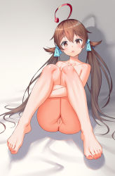 Rule 34 | 1girl, absurdres, ahoge, aqua ribbon, ass, barefoot, brown eyes, brown hair, chinese commentary, cleft of venus, dyed ahoge, feet, grey background, highres, knees together feet apart, legs folded, legs together, long hair, looking at viewer, nail polish, nude, open mouth, pink nails, pussy, ribbon, shadow, shinka musume, shinka musume channel, sitting, solo, toes, twintails, uncensored, virtual youtuber, white background, xiaoxi0619