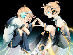 Rule 34 | 2boys, arm warmers, blonde hair, closed eyes, detached sleeves, dual persona, full body, gradient background, headphones, hugging own legs, kagamine len, kagamine len (append), leg warmers, maclo, male focus, multiple boys, shorts, vocaloid, vocaloid append
