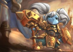 Rule 34 | 1girl, armor, blue eyes, blue skin, colored skin, garen (league of legends), hammer, ironlily, league of legends, long hair, pointy ears, poppy (league of legends), shield, solo focus, twintails, war hammer, warhammer, weapon, white hair, yordle