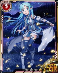 Rule 34 | 10s, 1girl, asuna (sao), asuna (sao-alo), blue eyes, blue hair, blue thighhighs, card (medium), detached sleeves, grass, lake, long hair, looking at viewer, matching hair/eyes, night, open mouth, outdoors, pointy ears, skirt hold, sky, solo, star (sky), star (symbol), starry sky, sword art online, thighhighs, zettai ryouiki