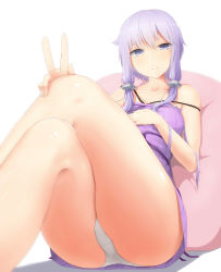 Rule 34 | 1girl, abmayo, absurdres, bare legs, bare shoulders, breasts, dress, hair ornament, hand on own chest, hand on own knee, highres, leaning back, crossed legs, looking at viewer, low twintails, panties, pantyshot, purple dress, purple eyes, purple hair, short hair with long locks, sitting, sleeveless, sleeveless dress, small breasts, smile, solo, spaghetti strap, strapless, strapless dress, tube dress, twintails, underwear, v, vocaloid, voiceroid, white panties, yuzuki yukari