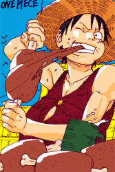 Rule 34 | 1boy, boned meat, colorized, copyright name, eating, food, hat, kishimoto masashi, male focus, meat, monkey d. luffy, one eye closed, one piece, solo, third-party edit