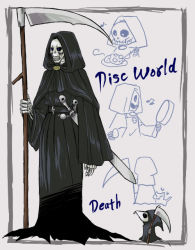 Rule 34 | black sclera, blade, blue eyes, cape, cat, chibi, chibi inset, colored sclera, death (discworld), death of rats, discworld, food, frying pan, hood, mouse tail, ruruku z, scythe, skull, snout, sword, tail, weapon