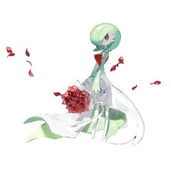 Rule 34 | 1other, aisutabetao, bouquet, colored skin, creatures (company), flower, full body, game freak, gardevoir, gen 3 pokemon, green hair, green skin, highres, holding, holding bouquet, looking at viewer, multicolored skin, nintendo, petals, pokemon, pokemon (creature), red eyes, red flower, red rose, red skin, rose, simple background, solo, white background, white skin