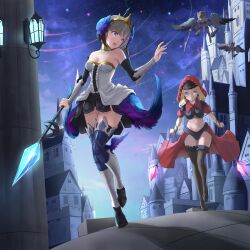 Rule 34 | 4girls, absurdres, armor, armored boots, armored dress, bare shoulders, black thighhighs, blonde hair, blue eyes, boots, breasts, castle, chain, cleavage, commentary request, cowboy shot, crown, facing viewer, feathered wings, feathers, flying, full body, grey hair, gwendolyn (odin sphere), h yoruneko, head wings, highres, holding, holding polearm, holding weapon, looking at another, low wings, medium breasts, multicolored wings, multiple girls, navel, night, night sky, odin sphere, open mouth, polearm, purple eyes, running, shadow, skirt, sky, standing, star (sky), starry sky, strapless, thighhighs, valkyrie, veil, velvet (odin sphere), wall lamp, weapon, wings