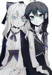 Rule 34 | 2girls, ahoge, aqua eyes, asymmetrical bangs, bad id, bad twitter id, black bow, black bowtie, black gemstone, black hair, black vest, blurry, bow, bowtie, braid, character request, closed mouth, collared dress, collared shirt, colored eyelashes, copyright request, crying, crying with eyes open, depth of field, dress, facing to the side, facing viewer, hair between eyes, hair bow, hands on own thighs, highres, long hair, long sleeves, looking at viewer, multiple girls, parted lips, puffy sleeves, sash, shirt, shoulder-to-shoulder, sidelocks, simple background, single braid, single tear, sippudayo, sitting, tears, vest, white background, white dress, white hair, white shirt