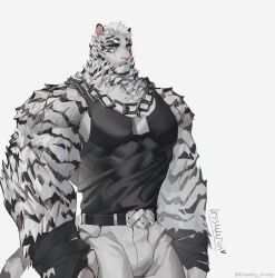 Rule 34 | 1boy, abs, absurdres, animal ears, arknights, bandaged hand, bandages, bara, belt, black belt, black tank top, bulge, chain, chain necklace, cowboy shot, dryskeleton (drawing jimmy), facial hair, furry, furry male, goatee, highres, jewelry, large hands, large pectorals, looking at viewer, male focus, mountain (arknights), muscular, muscular male, necklace, nipples, pants, pectorals, scar, scar across eye, scar on arm, short hair, sidepec, solo, stomach, tank top, thick arms, thick eyebrows, tiger boy, tiger ears, white hair, white pants