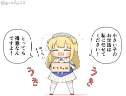 Rule 34 | 1girl, blonde hair, blue shirt, box, breasts, chibi, cleavage, closed eyes, commentary request, double bun, fletcher (kancolle), full body, gloves, goma (yoku yatta hou jane), hair bun, hairband, kantai collection, long hair, neckerchief, off shoulder, open mouth, pleated skirt, sailor collar, school uniform, serafuku, shirt, simple background, skirt, solo, standing, thighhighs, translation request, twitter username, white background, white gloves, white sailor collar, white skirt, white thighhighs, yellow neckerchief