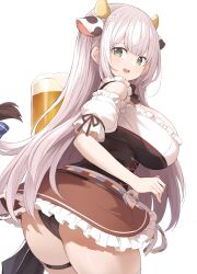 1girl alcohol animal_ears ass beer beer_mug blush breasts cow_ears cow_horns cup curvy dirndl dress frilled_dress frills german_clothes green_eyes grey_hair hair_between_eyes highres hololive horns huge_breasts large_breasts long_hair looking_at_viewer mole mole_on_breast mou_tama_maru mug official_alternate_costume official_alternate_hair_length official_alternate_hairstyle open_mouth revision shirogane_noel shirogane_noel_(dirndl) smile solo thick_thighs thigh_strap thighs very_long_hair virtual_youtuber