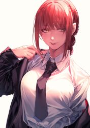 Rule 34 | 1girl, absurdres, black coat, black necktie, braid, braided ponytail, breasts, chainsaw man, coat, collared shirt, dressing, highres, hiro (hirohiro gorira), large breasts, looking to the side, makima (chainsaw man), medium hair, necktie, off shoulder, red hair, ringed eyes, shirt, shirt tucked in, sidelocks, simple background, solo, white background, white shirt, yellow eyes