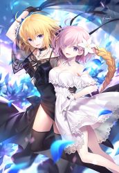 Rule 34 | 2girls, ahoge, arm up, artist name, bare shoulders, black dress, black gloves, black legwear, black neckwear, blonde hair, blue eyes, braid, breasts, choker, cleavage, collarbone, commentary request, dress, fate/apocrypha, fate/grand order, fate (series), flower, gloves, hair flower, hair ornament, hair over one eye, hand on another&#039;s hip, jeanne d&#039;arc (fate), jeanne d&#039;arc (formal dress) (fate), jeanne d&#039;arc (ruler) (fate), jewelry, kousaki rui, large breasts, legs, light purple hair, long braid, long hair, looking at viewer, mash kyrielight, mash kyrielight (formal dress), multiple girls, necklace, official alternate costume, official style, open mouth, pendant, petals, purple eyes, short hair, signature, single braid, smile, thighs, very long hair, white choker, white dress, wind, wind lift