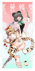 Rule 34 | 2girls, :d, absurdres, adapted costume, ahoge, aircraft, airship, animal ears, animal print, ass, bare shoulders, bishamonten&#039;s pagoda, blonde hair, blush, body writing, d:, dceg4738, elbow gloves, fur trim, gloves, gold trim, grey hair, highres, holding, holding paintbrush, lying, mouse ears, mouse tail, multicolored hair, multiple girls, nazrin, no shoes, on side, open mouth, paintbrush, red eyes, sanpaku, short hair, simple background, smile, soles, streaked hair, tail, thighhighs, tiger ears, tiger print, tiger tail, toramaru shou, touhou, v-shaped eyebrows, yellow eyes, yuri