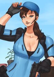 Rule 34 | 1girl, absurdres, backpack, bag, baseball cap, blue bodysuit, blue eyes, blue sky, bodysuit, breasts, brown hair, cleavage, collarbone, commentary, dated, earpiece, english commentary, eyelashes, fingerless gloves, fingernails, gloves, gun, hair over shoulder, handgun, hat, highres, jill valentine, large breasts, leaning on object, lips, mole, mole on chest, nire (nirefuster), outdoors, parted lips, plant, ponytail, potted plant, resident evil, resident evil (movie), signature, sky, smile, solo, sweat, upper body, weapon