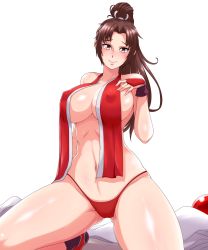 Rule 34 | 1girl, bare shoulders, blush, breasts, brown eyes, brown hair, closed mouth, collarbone, covered erect nipples, fatal fury, gluteal fold, hair intakes, hair ribbon, high ponytail, highres, jmg, kneeling, large breasts, long hair, looking at viewer, navel, panties, red panties, ribbon, shiranui mai, smile, solo, stomach, the king of fighters, underwear, wardrobe malfunction, white ribbon