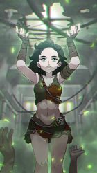 Rule 34 | 1girl, arms up, black hair, breasts, case-k, cleavage, collarbone, fallout (series), fallout 4, fallout shelter online, fingerless gloves, gloves, green eyes, highres, isolde (fallout), midriff, navel, short hair, skirt, torn clothes