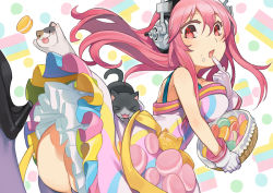 Rule 34 | 1girl, ass, bad id, bad pixiv id, blush, breasts, cat, dress, food, food on face, headphones, ika, large breasts, leg up, long hair, looking at viewer, macaron, nitroplus, no panties, open mouth, pink hair, red eyes, smile, solo, super sonico