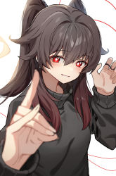 Rule 34 | 1girl, absurdres, alternate costume, bad id, bad twitter id, black hair, blurry, casual, commentary request, contemporary, depth of field, fox shadow puppet, genshin impact, hair between eyes, highres, hu tao (genshin impact), jewelry, long hair, long sleeves, looking at viewer, parted lips, red eyes, ring, sidelocks, simple background, smile, solo, sugar (dndi888), sweater, symbol-shaped pupils, turtleneck, turtleneck sweater, twintails, white background