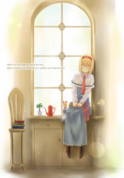 Rule 34 | 1girl, alice margatroid, apron, ascot, blonde hair, blue dress, brown footwear, cabinet, capelet, chair, coffee pot, cross-laced footwear, dress, english text, engrish text, closed eyes, facing viewer, female focus, foot dangle, hairband, hands on lap, indoors, long sleeves, nabeshima tetsuhiro, plant, potted plant, ranguage, shanghai doll, shoes, short hair, side-by-side, sitting, sleeping, solo, touhou, waist apron, window