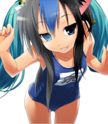 Rule 34 | 00s, animal ears, black hair, blue hair, blush, clannad, crossover, fang, female focus, fusion, hatsune miku, ikeda kana, izumi konata, kud wafter, little busters!, lucky star, moetron, multicolored hair, nilitsu, noumi kudryavka, one-piece swimsuit, sakagami tomoyo, saki (manga), school swimsuit, short twintails, silver hair, simple background, swimsuit, third-party edit, twintails, vocaloid, what, white background