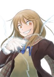Rule 34 | 1girl, absurdres, amaki shou, blonde hair, blue bow, blue bowtie, bow, bowtie, brown eyes, coat, coppelion, electricity, evil grin, evil smile, grin, highres, long hair, looking at viewer, ozu kanon, scarf, smile, solo, sweater vest, upper body, white background