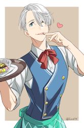 Rule 34 | 10s, 1boy, 92 (artist), ;p, apron, blue eyes, bow, bowtie, hair over one eye, heart, highres, licking, licking finger, male focus, one eye closed, silver hair, solo, tongue, tongue out, tray, viktor nikiforov, waistcoat, waiter, yuri!!! on ice