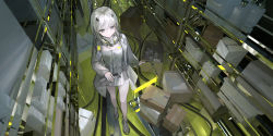 Rule 34 | 1girl, absurdres, bare legs, blouse, box, cardboard box, coat, commentary request, copyright request, full body, glowing, grey coat, grey eyes, grey footwear, grey hair, grey shirt, hair between eyes, highres, holding, legs, qiangjitong, reflective floor, shirt, shoes, solo, standing, tagme